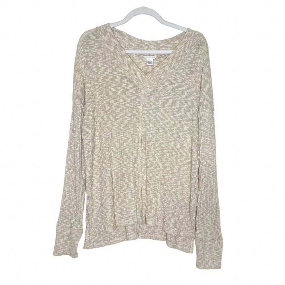 Caslon Rib Knit V-Neck Pullover High Low Hem Tunic Side Slits Cream Size XL